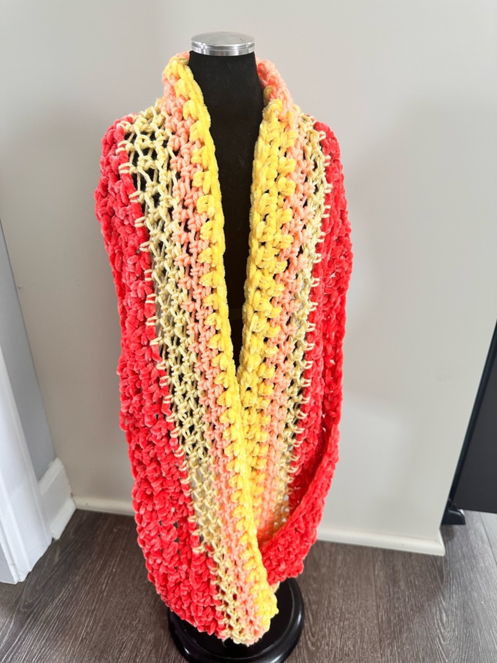 Handmade Chunky Crochet Infinity Scarf in Coral and Yellow